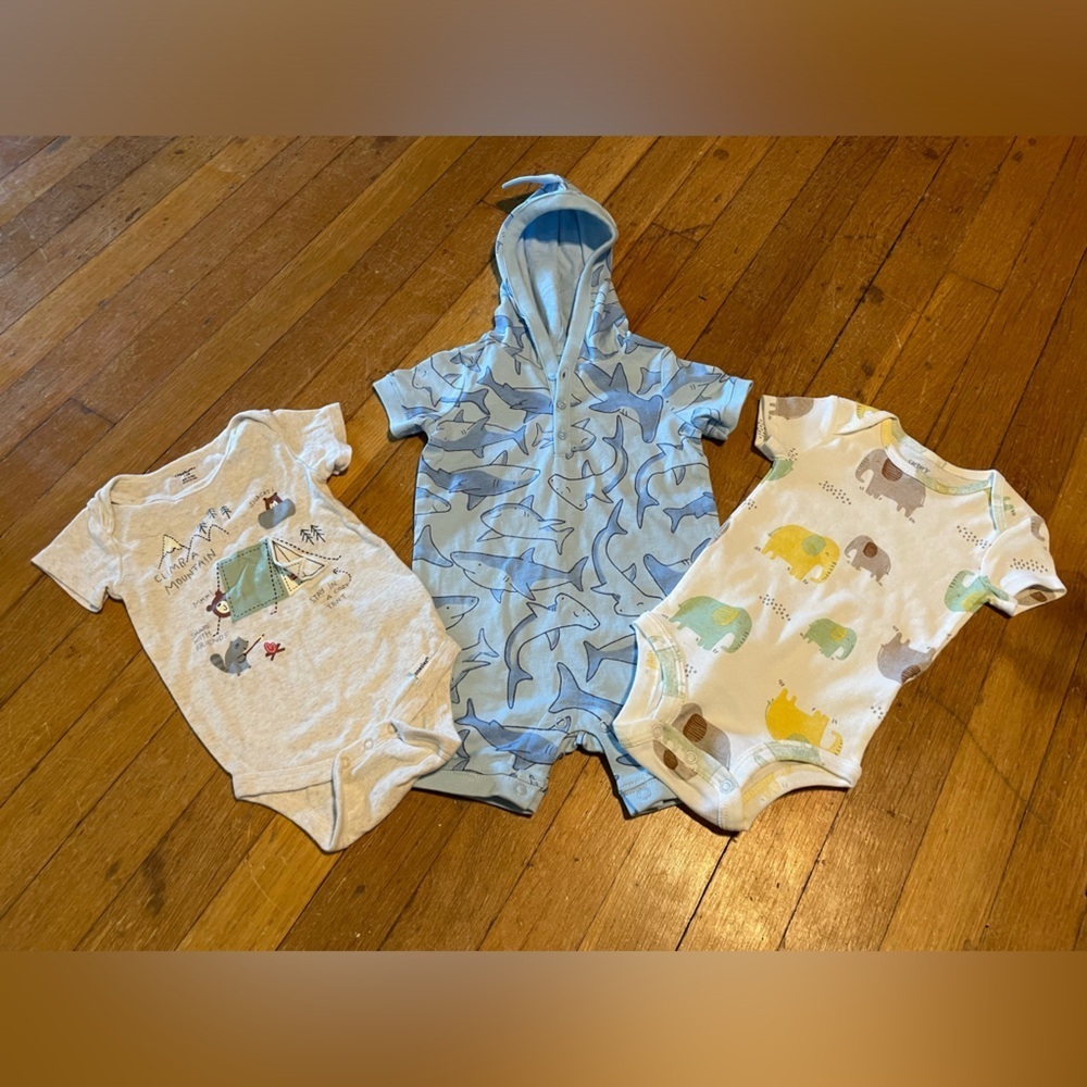 LOT Boys 3-6 month summer bundle shark jumpsuit elephants carters and gerber